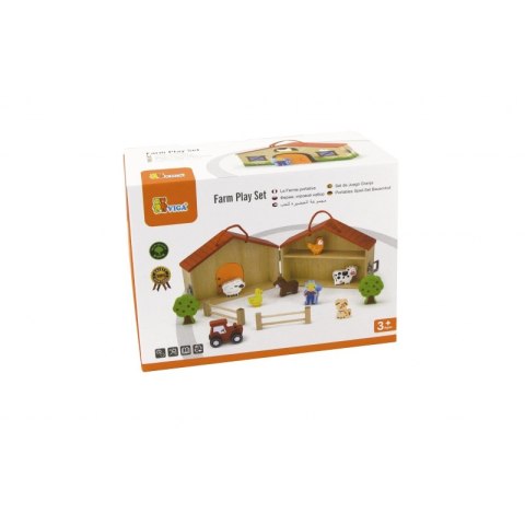 Dwupiętrowa Farma Drewniana Viga Toys Zagroda Zwierzęta Figurki 13 Elementów