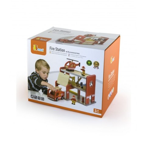 Drewniana Stacja Remiza Strażacka Garaż Akcesoria Wóz Strażacki Viga Toys
