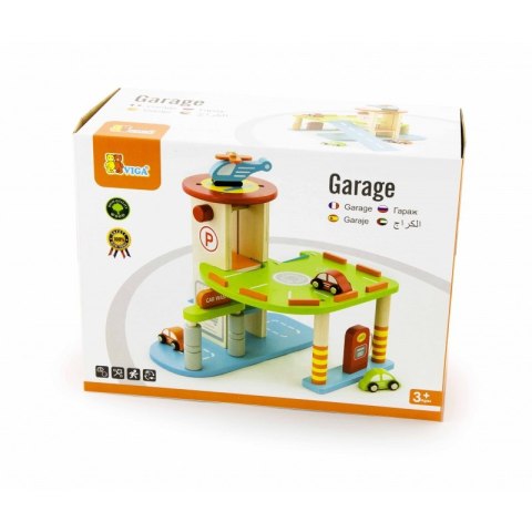 Drewniany 2 Poziomowy Garaż Parking 3 Auta Helikopter Winda Viga Toys