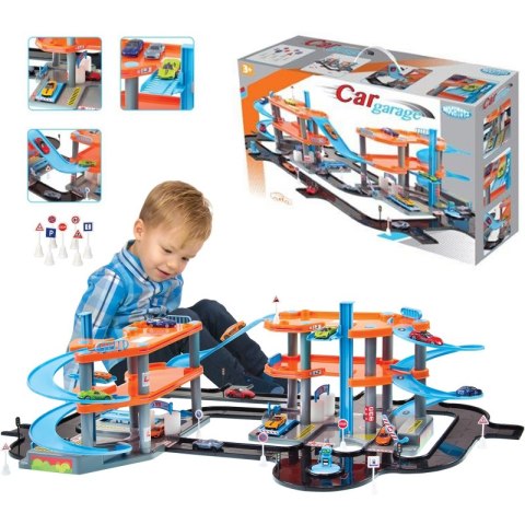 MOCHTOYS Parking 3 Poziomy Garaż Samochodzik Znaki Drogowe