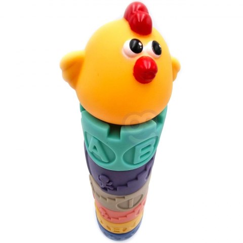 WOOPIE Klocki Sensoryczne Układanka Piramida Do Ściskania Dźwięk Nauka Alfabetu Kura 7 el.