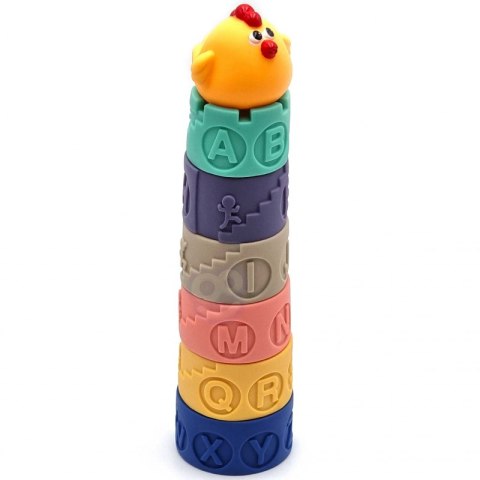WOOPIE Klocki Sensoryczne Układanka Piramida Do Ściskania Dźwięk Nauka Alfabetu Kura 7 el.