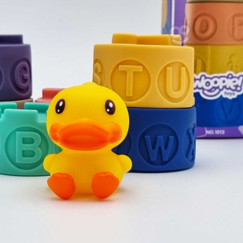 WOOPIE Klocki Sensoryczne Układanka Piramida do Ściskania Wody Dźwięk Nauka Alfabetu Kaczuszka 7 el.