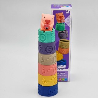 WOOPIE Klocki Sensoryczne Układanka Piramida do Ściskania Wody Dźwięk Nauka Alfabetu Świnka 7 el.