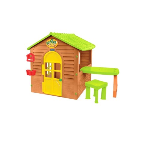 MOCHTOYS Domek Ogrodowy ze Stolikiem i Krzesełkiem Otwierane Okna Drzwi Karmnik Doniczka