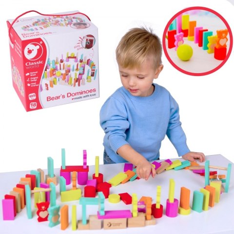 Drewniane Kolorowe Domino 105 elementów - Misie Classic World
