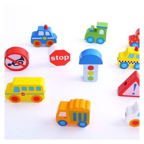 TOOKY TOY Drewniane Klocki Koraliki do Nawlekania Pojazdy Samochody 13 el.